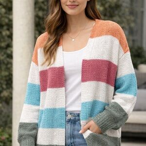 SO Women's Multicolor Striped Cardigan XL 14/16 Cottagecore Coastal Sweater